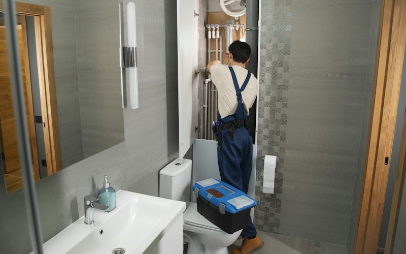 Plumber repairing bathroom pipework